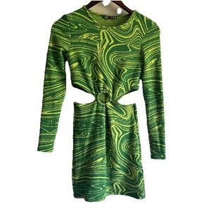 Zara Women's Green and Yellow Abstract Print‎ Cut-Out Dress Long Sleeve  Size S